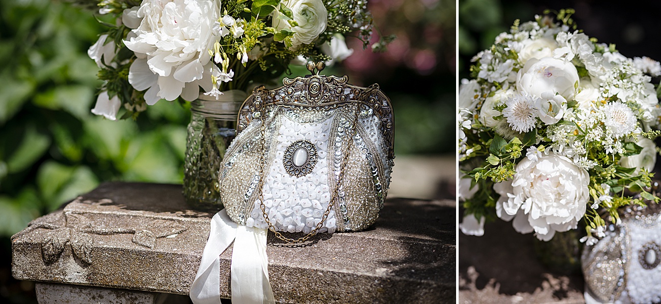 Bride Bouquet and Purse for Parmelee Farm Wedding in Killingworth CT by Jamerlyn Brown Photography