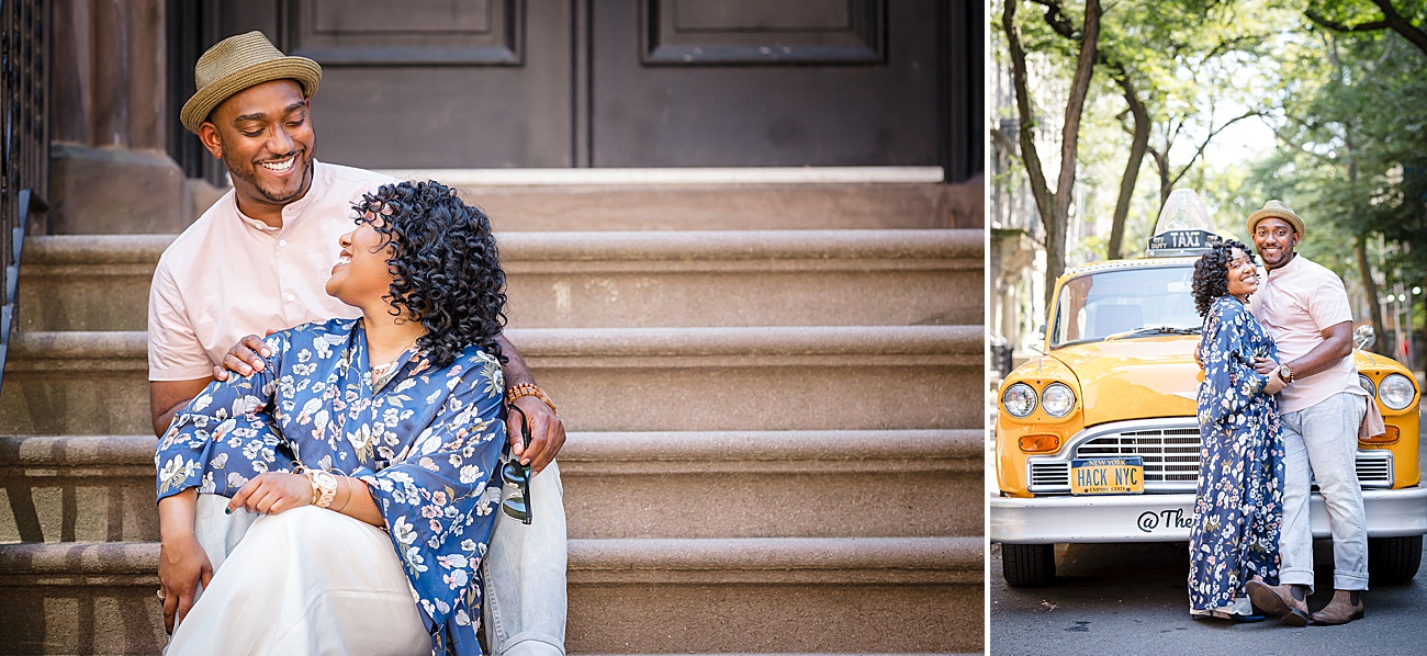 Couple on stoop during Brooklyn Bride Park Engagement Session in New York City by Jamerlyn Brown Photography