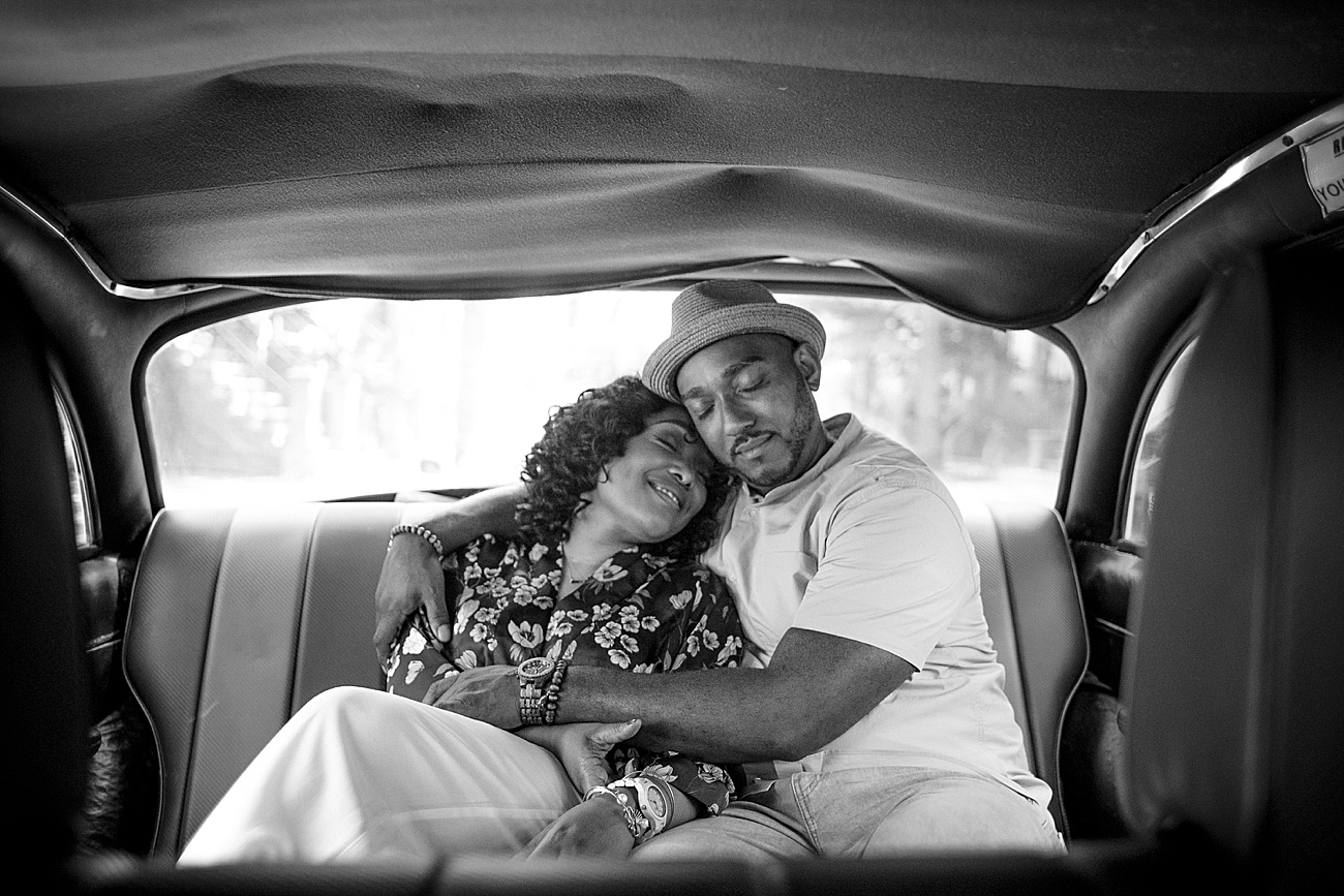 Couple in cab at Brooklyn Bride Park Engagement Session in New York City by Jamerlyn Brown Photography