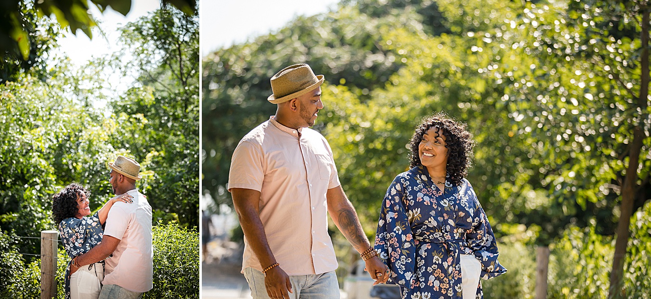 Couple strolling during Brooklyn Bride Park Engagement Session in New York City by Jamerlyn Brown Photography